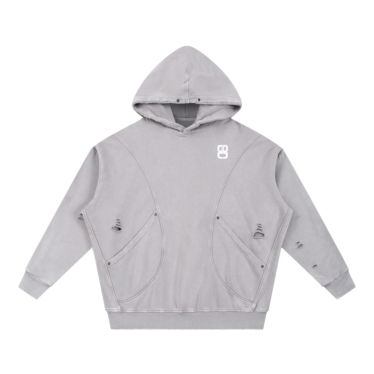 Snow Washed Distressed Panel Pocket Hoodie