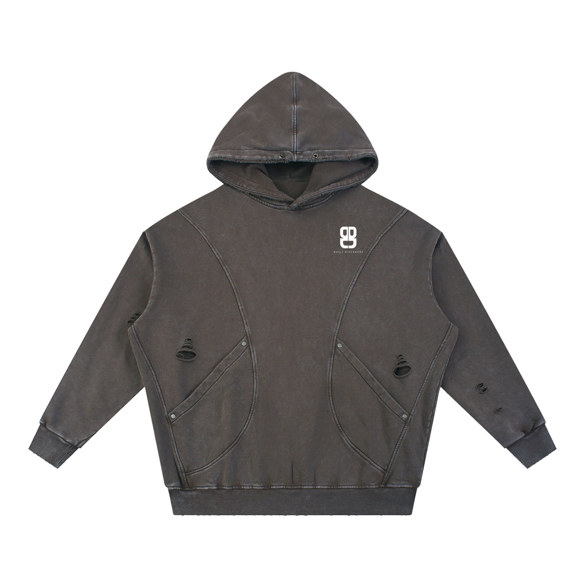 Snow Washed Distressed Panel Pocket Hoodie