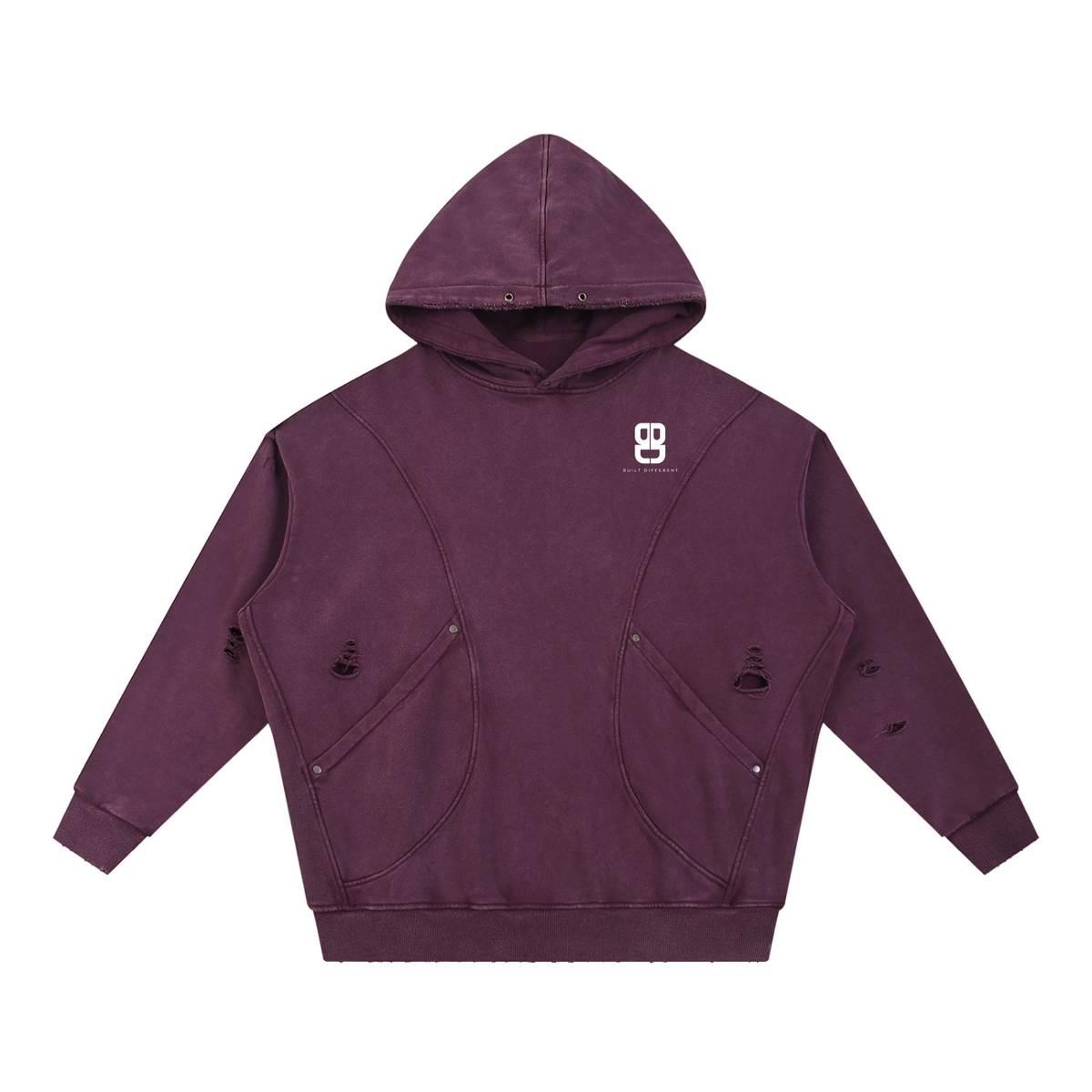 Snow Washed Distressed Panel Pocket Hoodie