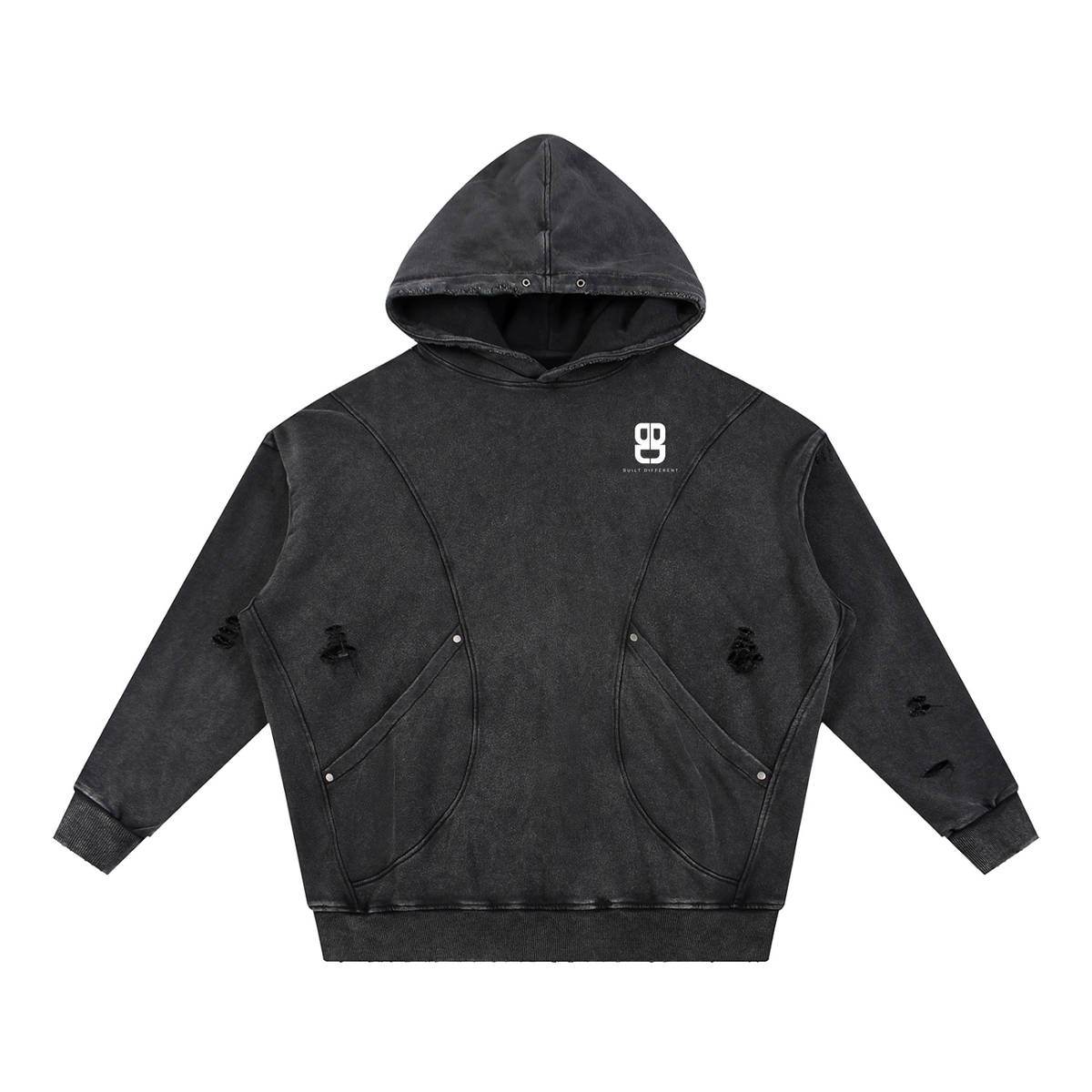 Snow Washed Distressed Panel Pocket Hoodie
